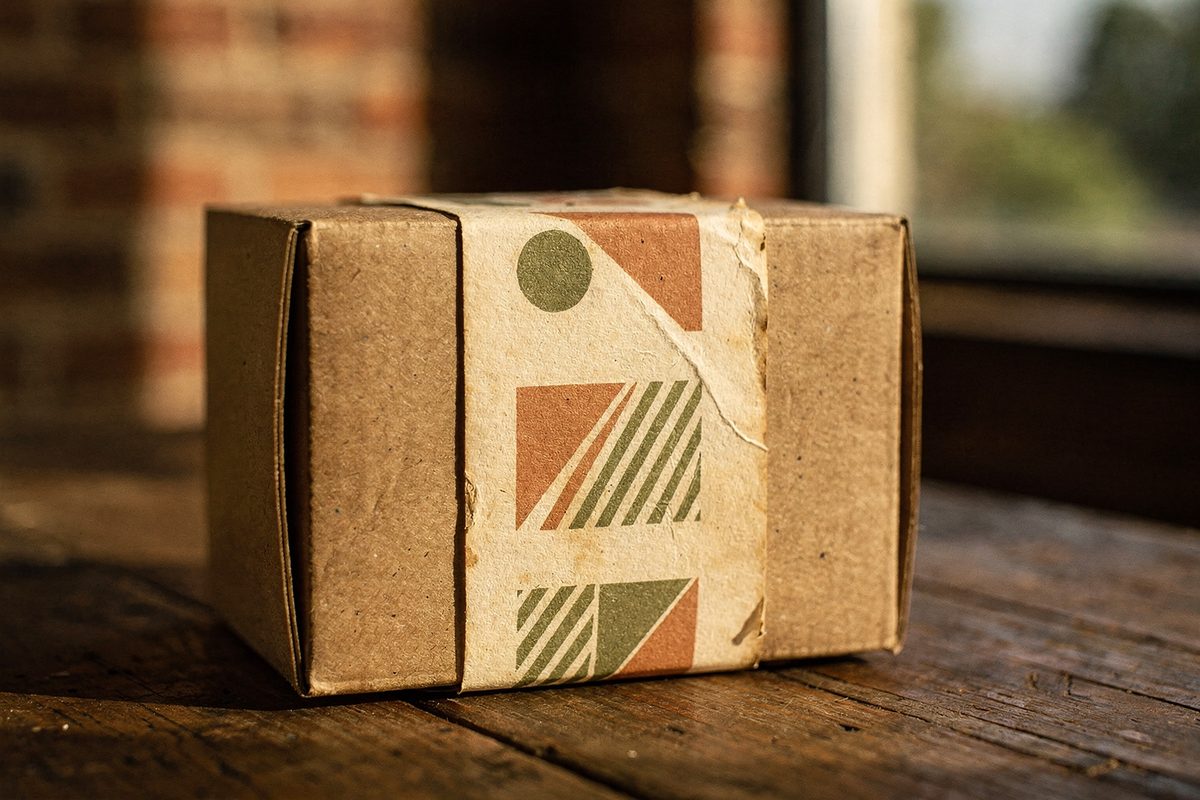 A finished packaging label wrapped around a small kraft box.