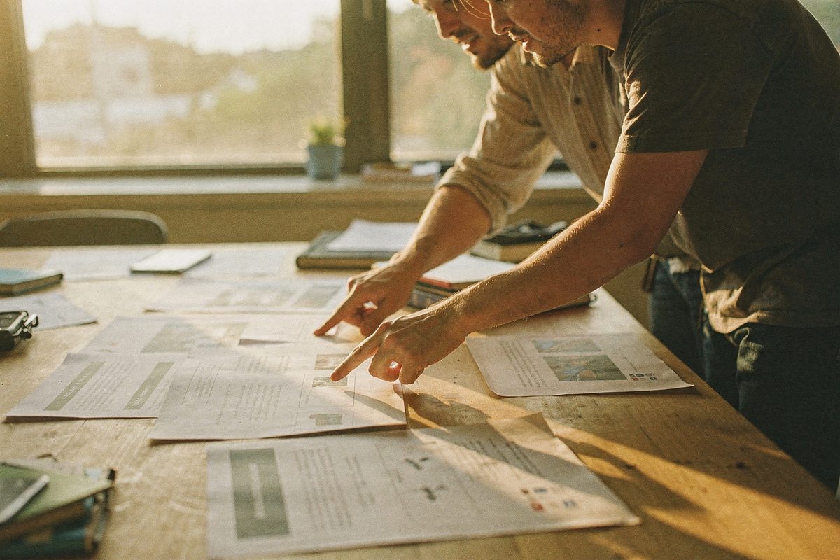 Two people reviewing printed website page mockups spread across a table.