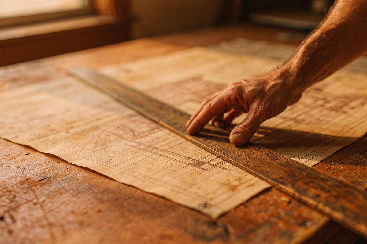A hand sliding a wooden T-square across a printed page grid on a drafting table.